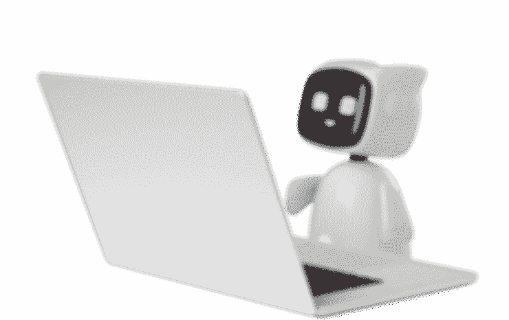 3D robot mascot with a glowing face sits in front of a laptop, appearing to work or read.