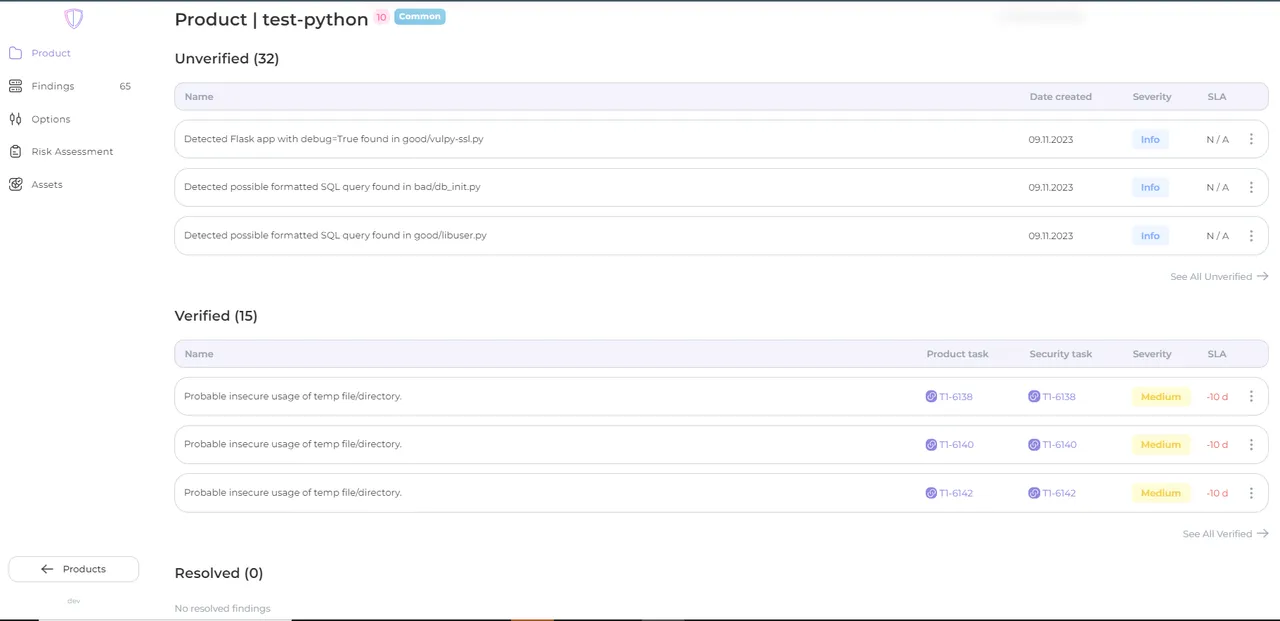 Findings list grouped by verification status