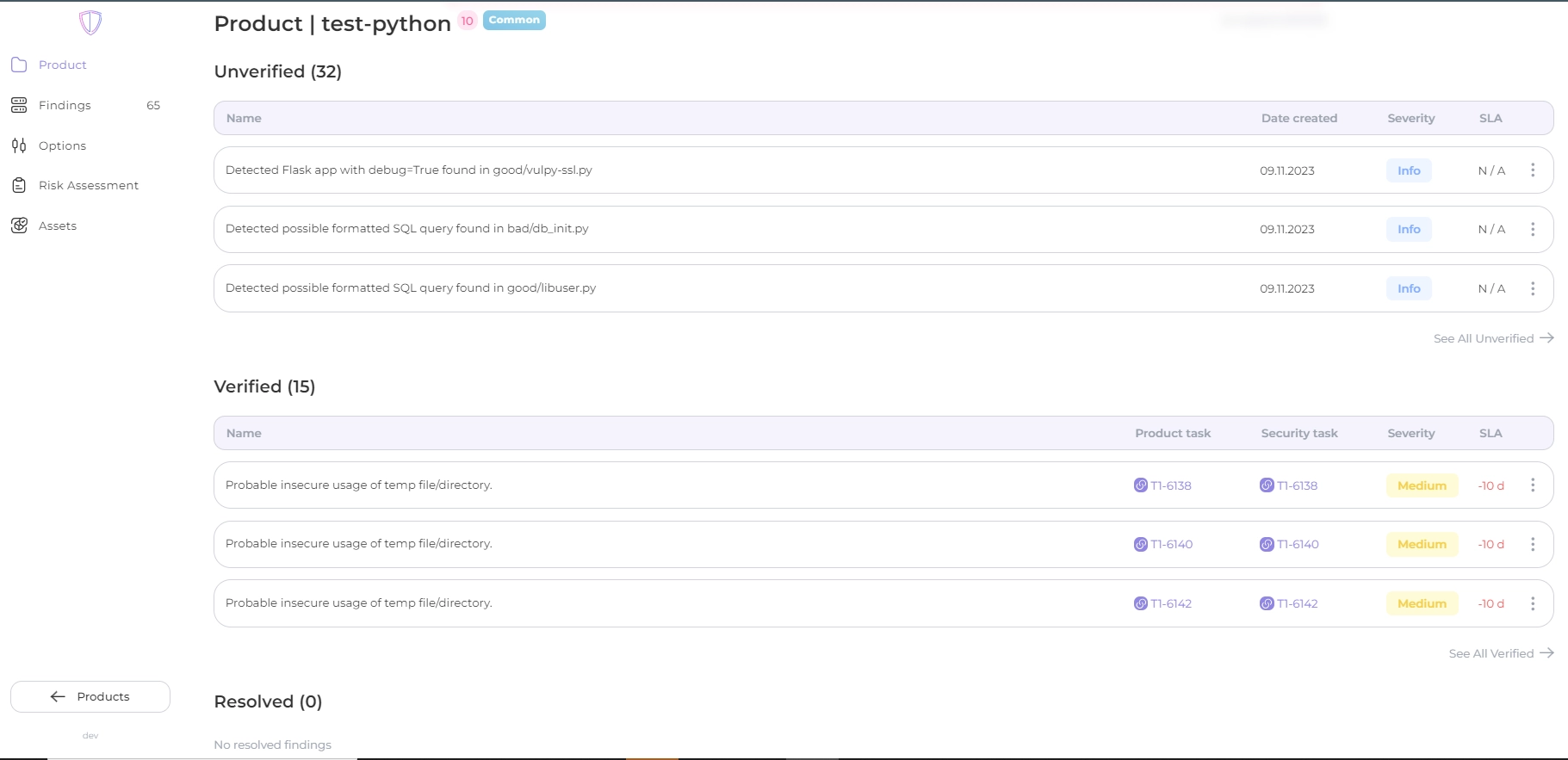 Findings list grouped by verification status